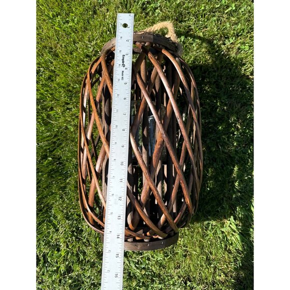 Rustic Boho MCM Bamboo Rattan Whicker & Glass Lantern With Rope Handle 16" Tall - Picture 9 of 15